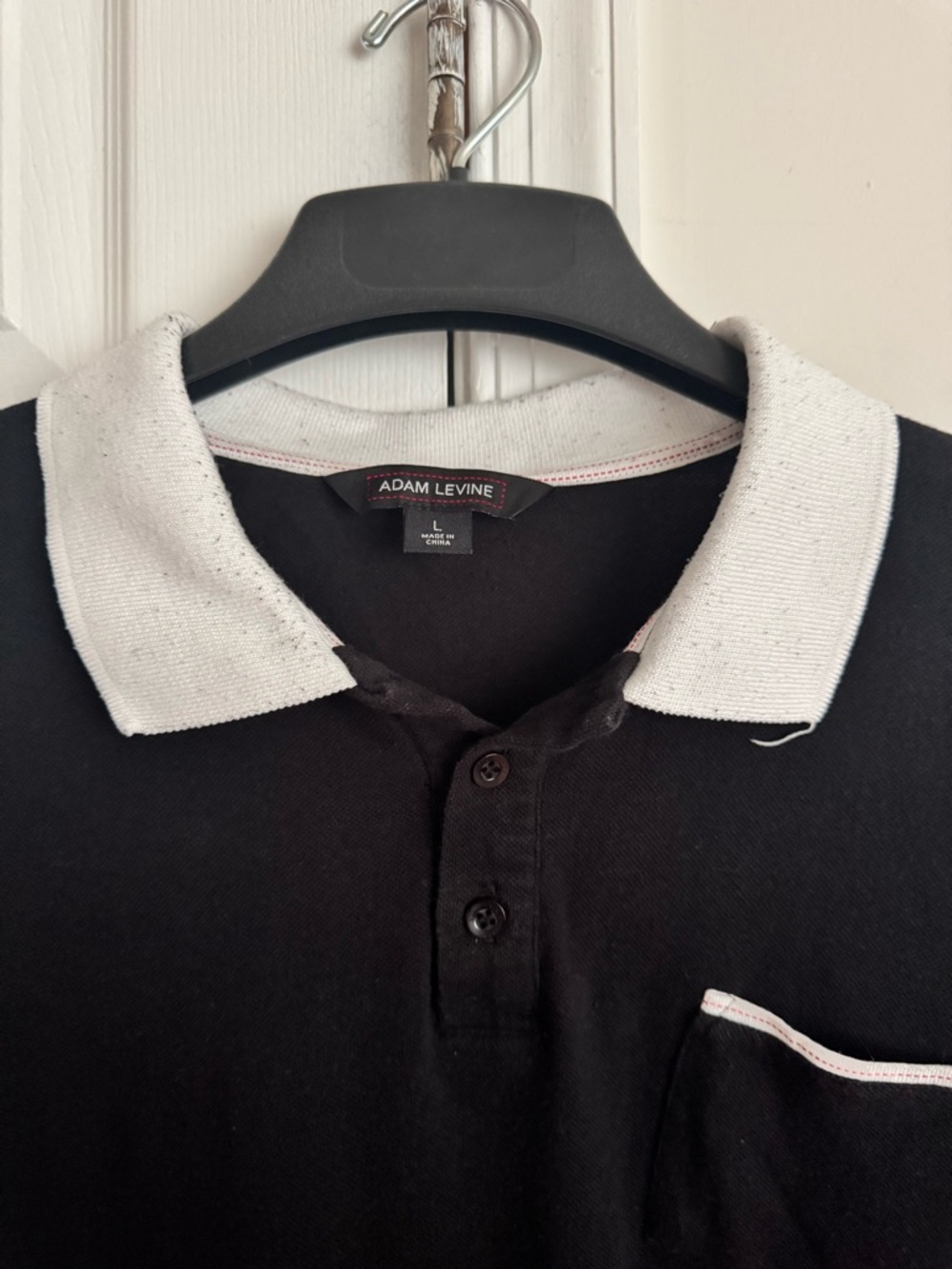 Adam Levine Collection Black Polo Shirt White Trim Chest Pocket Mens Large - Picture 2 of 13